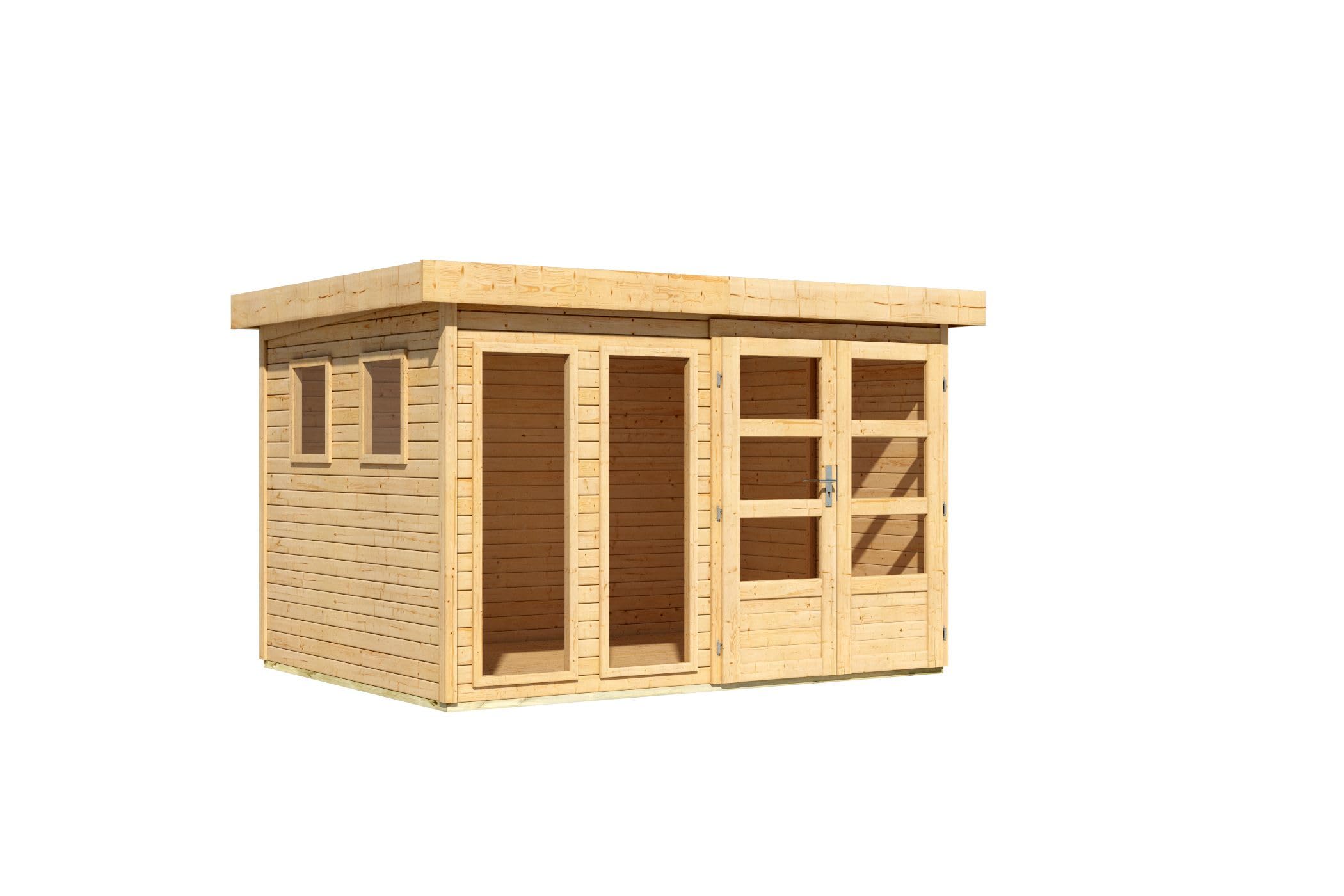 Karibu Gartenhaus Pentus aus nordischer Fichte Verschiedene Größen optinal mit Anbaudach, lichtdurchflutetes Design mit Flachdach (naturbelassen, L)