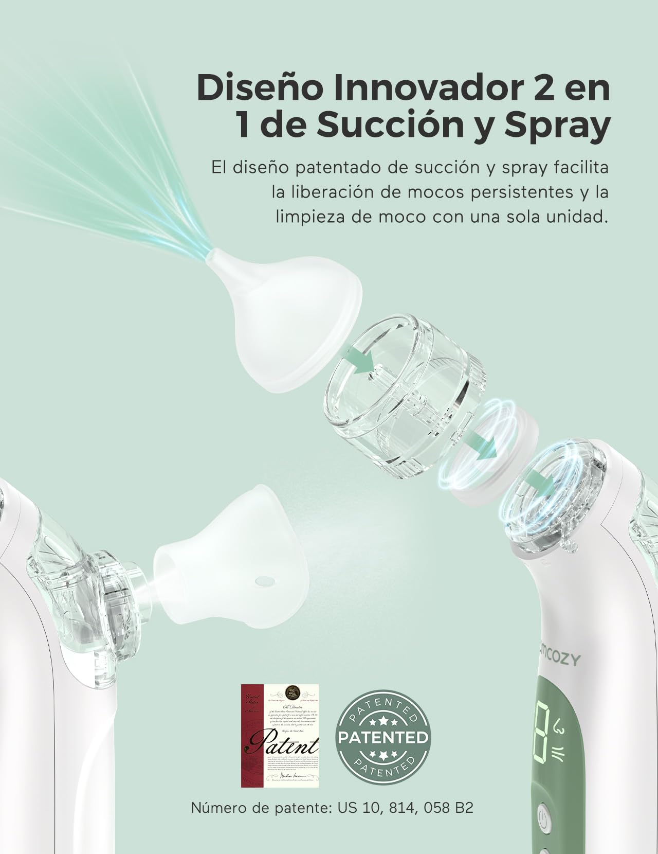 Momcozy Aspirador Nasal Eléctrico 2 en 1 para Bebés con Función de Pulverización y Succión, 65 kPa, 4 Niveles Ajustables, Silencioso y Portátil, con Luz Relajante y Música