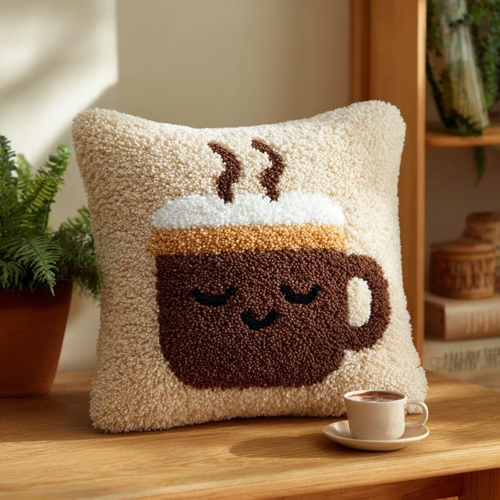 WallustrioaW Latch Hook Kits Pillow,Cartoon Smiley face Coffee Cup