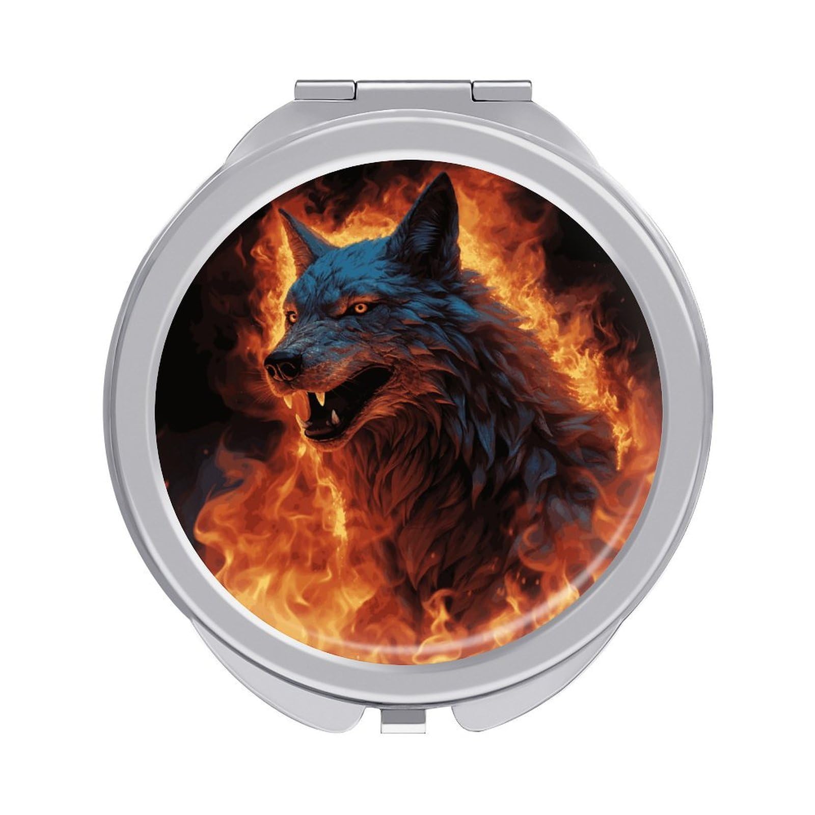 FekiLoot Wolf Surrounded by Fire Travel Makeup Mirror for Women Folding Portable Hand Compact Mirrors Small Round Vanity Mirror 1X/2X Magnifying Metal Pocket Makeup Mirrors