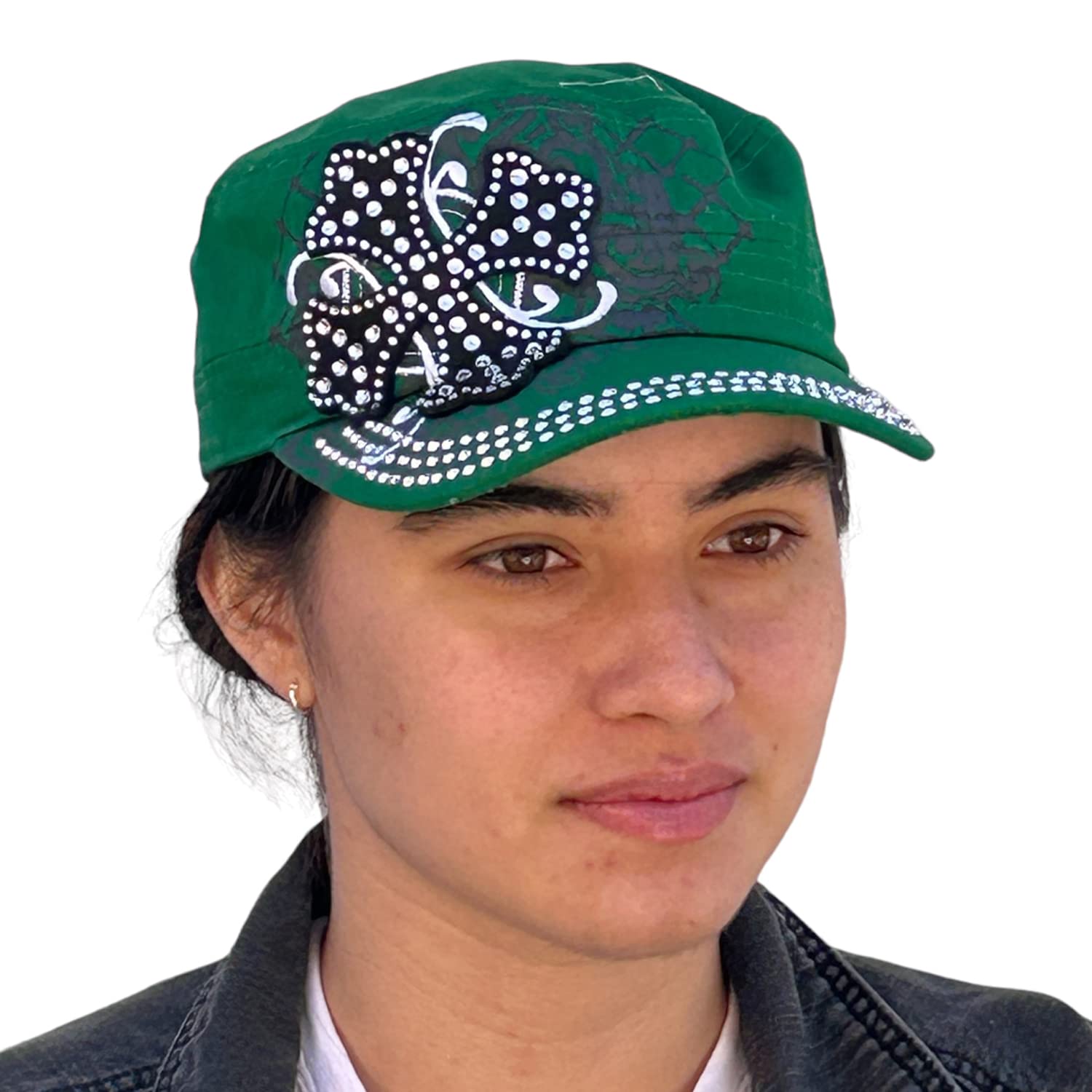 SILVERFEVERSILVERFEVER Women's Military Cadet Army Cap Hat Vintage Distressed or Rhinestone Crystals on Brim