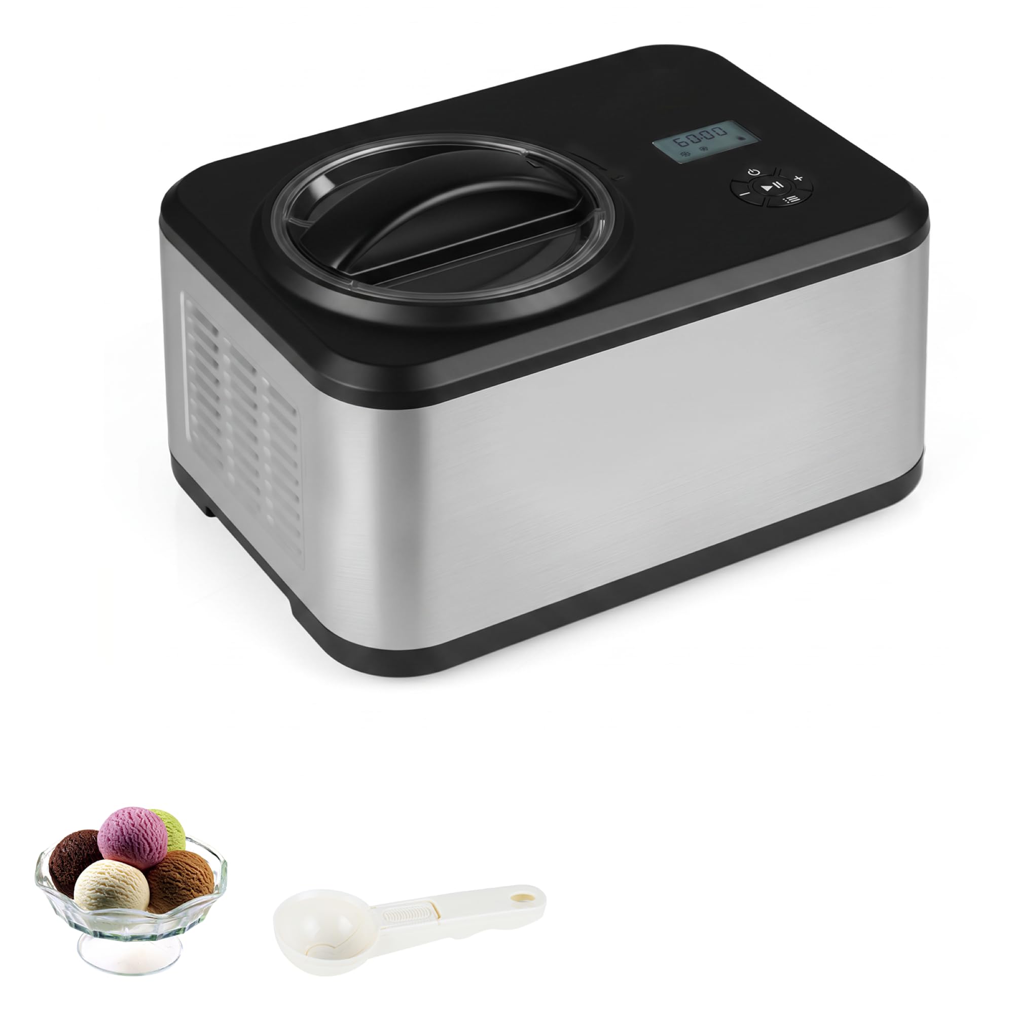 LIFEZEAL Gelatiera Autorefrigerante 1,5 L con Compressore, 120W Macchina per Gelato 4 Modalità, per Frozen Yogurt e Gelato, Display LED, Timer 24H, Cestello Rimovibile e Misurino, Acciaio Inox, Nero