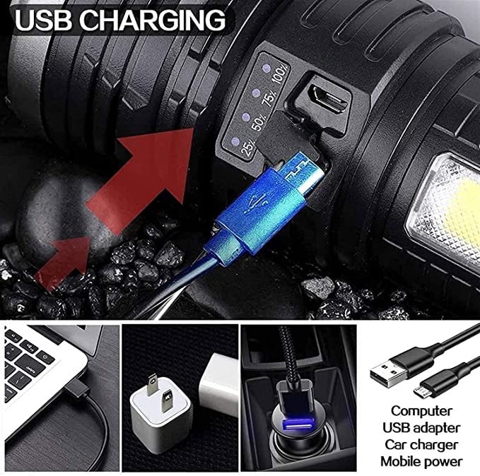 Linterna de Mano LED, Linterna de Alto Lumen Recargable por USB con luz Lateral COB, Resistente al Agua IPX6, 4 Modos de iluminación, luz de antorcha con Zoom for Acampar