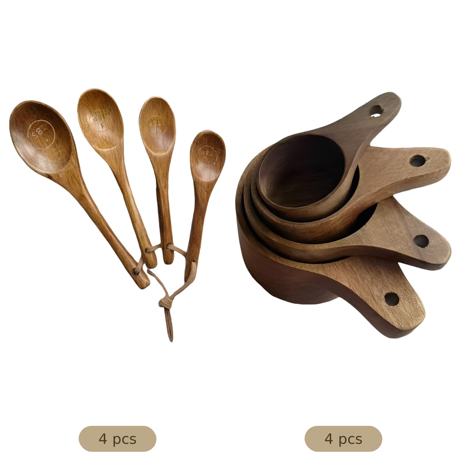 Lot de 8 tasses et cuillères doseuses en bois, tasses en bois d’acacia, cuillères en bois de hêtre, marquages gravés, design emboîtable pour un rangement facile, pour cuisine et pâtisserie