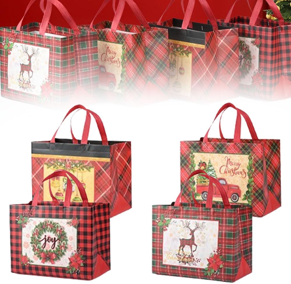 4 Pack Reusable Holiday Christmas Gift Bags, Christmas Tote