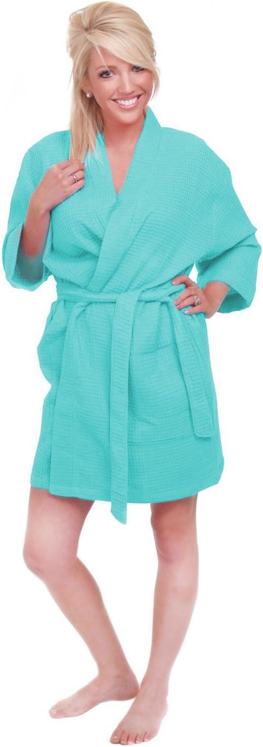 PURE LINEN Turkish Waffle Kimono Style Thigh Length Adult Waffle Robe (Turquoise)