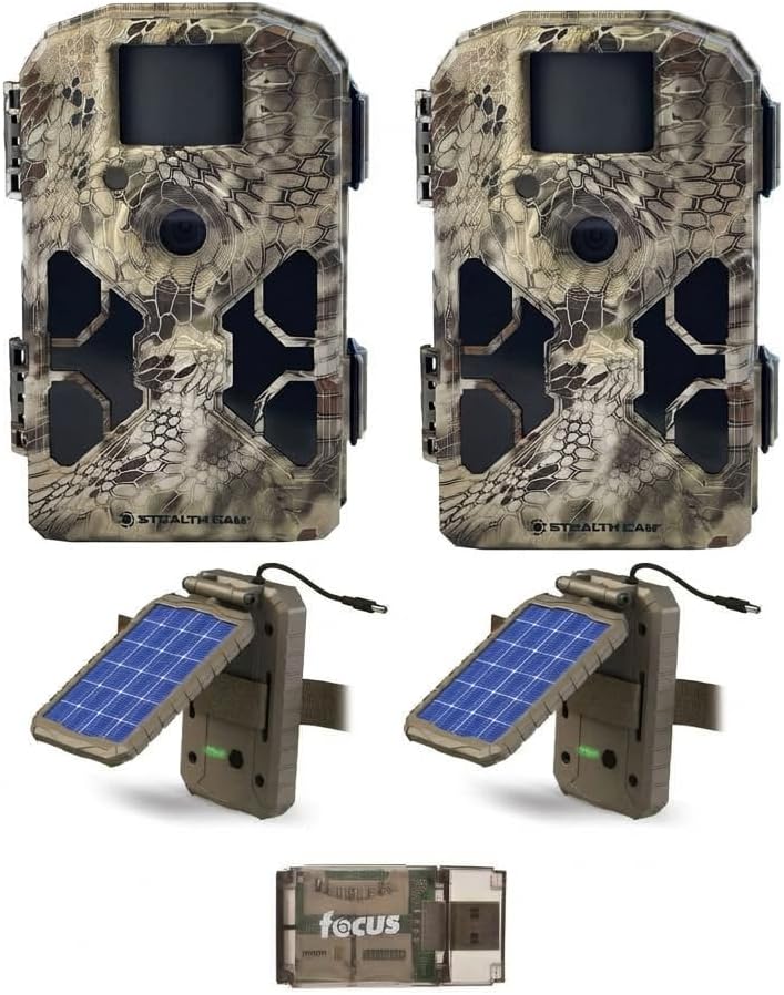 Stealth Cam G42NG 32MP No Glow Trail Camera (Kryptek Camo, 2-Pack) Bundle with 2 Lithium Solar Power Panels, 2GB Ultra SDHC UHS-I Memory Card x 2 and USB 2.0 Card Reader (7 Items)