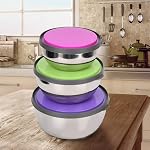 3Pcs Stainless Steel Mixing Bowls Colorful Silicone Bottom with Lids Nesting for Space Saving Storage Container Kitchen Tool Polished Mirror Finish