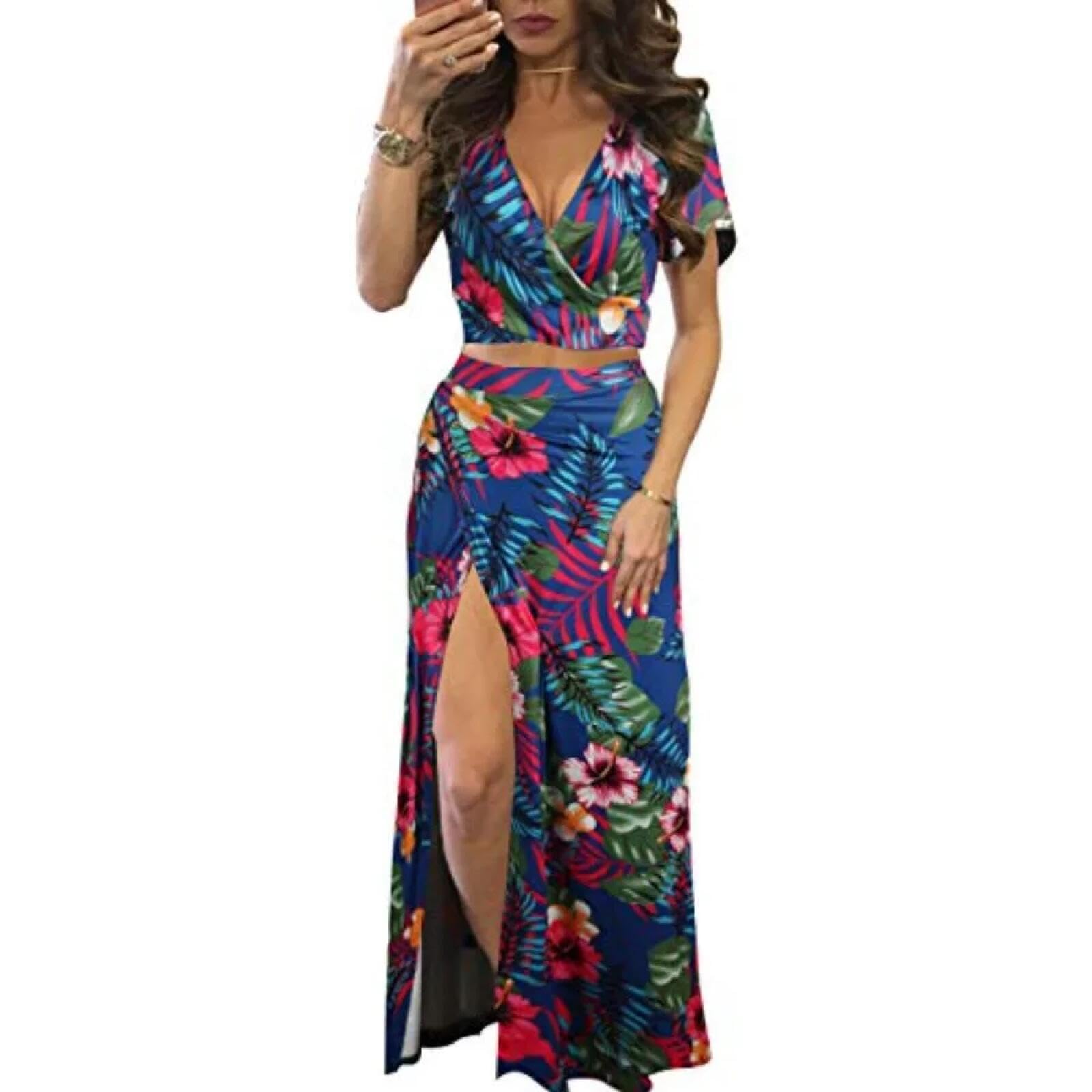 Robe longue fleurie à fente haute ensemble deux pièces fluide