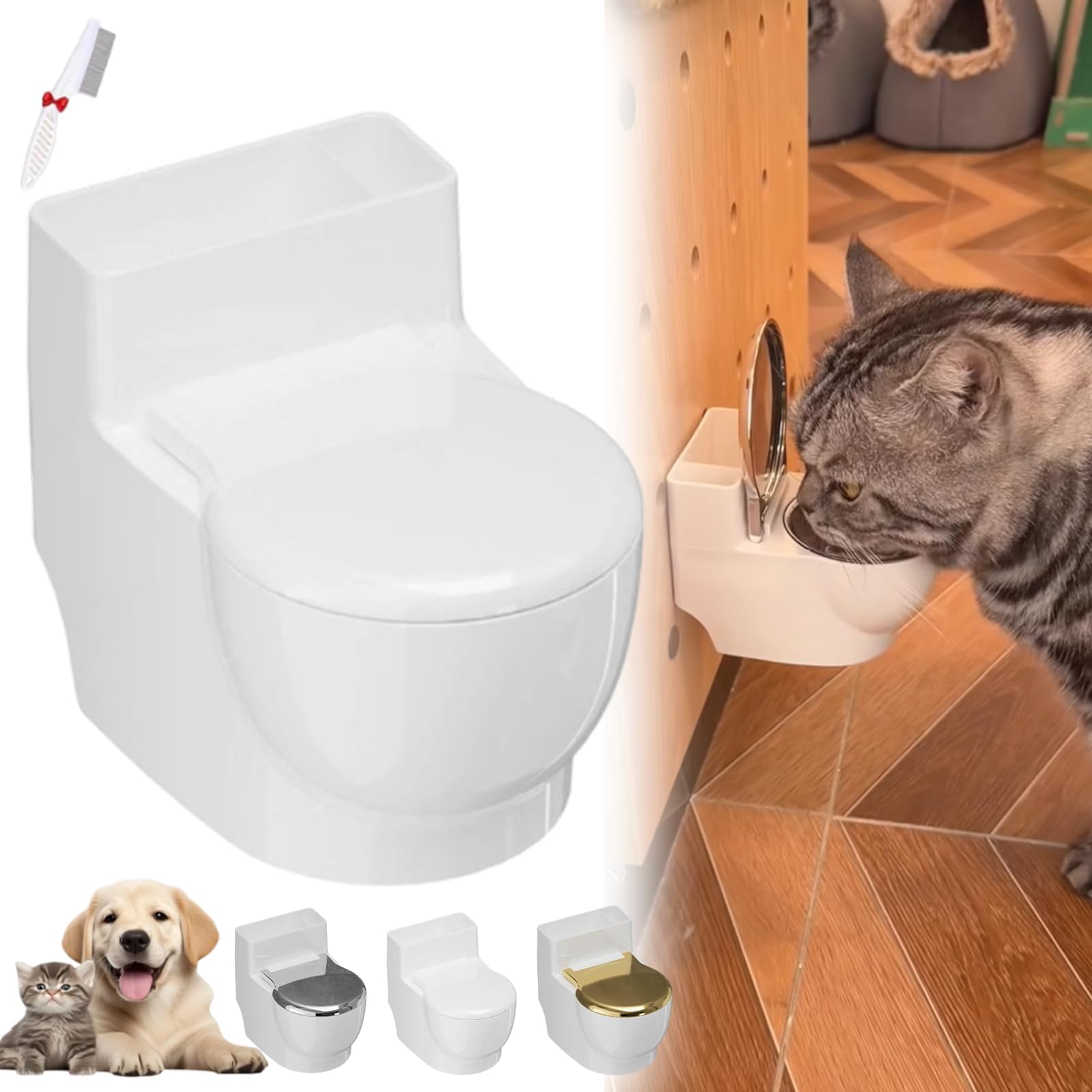 Toilet Water Bowl for Cat, Wall Mounted Stainless Steel Novelty Pet Water Dispenser Funny Hanging Drinking Dish for Cats Dogs Small Pet Feeding Station (White)