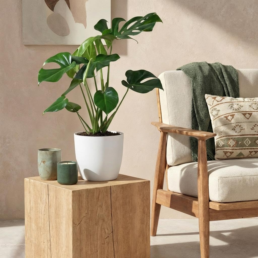Monstera Deliciosa z białym wazonem, do wnętrz, zielona, 21 cm, 70-80 cm