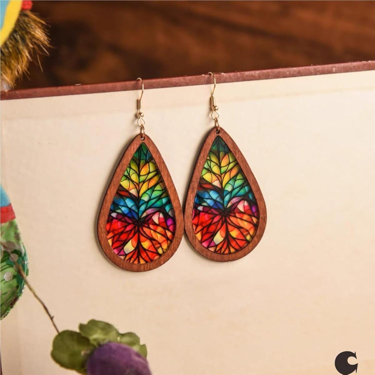 Wooden Earrings for Women Boho Wood Teardrop Earrings Vintage Acrylic Earrings Handmade Flower Press Earring Geometric Leaf Cross Earring Retro Boho Jewelry - Image 7