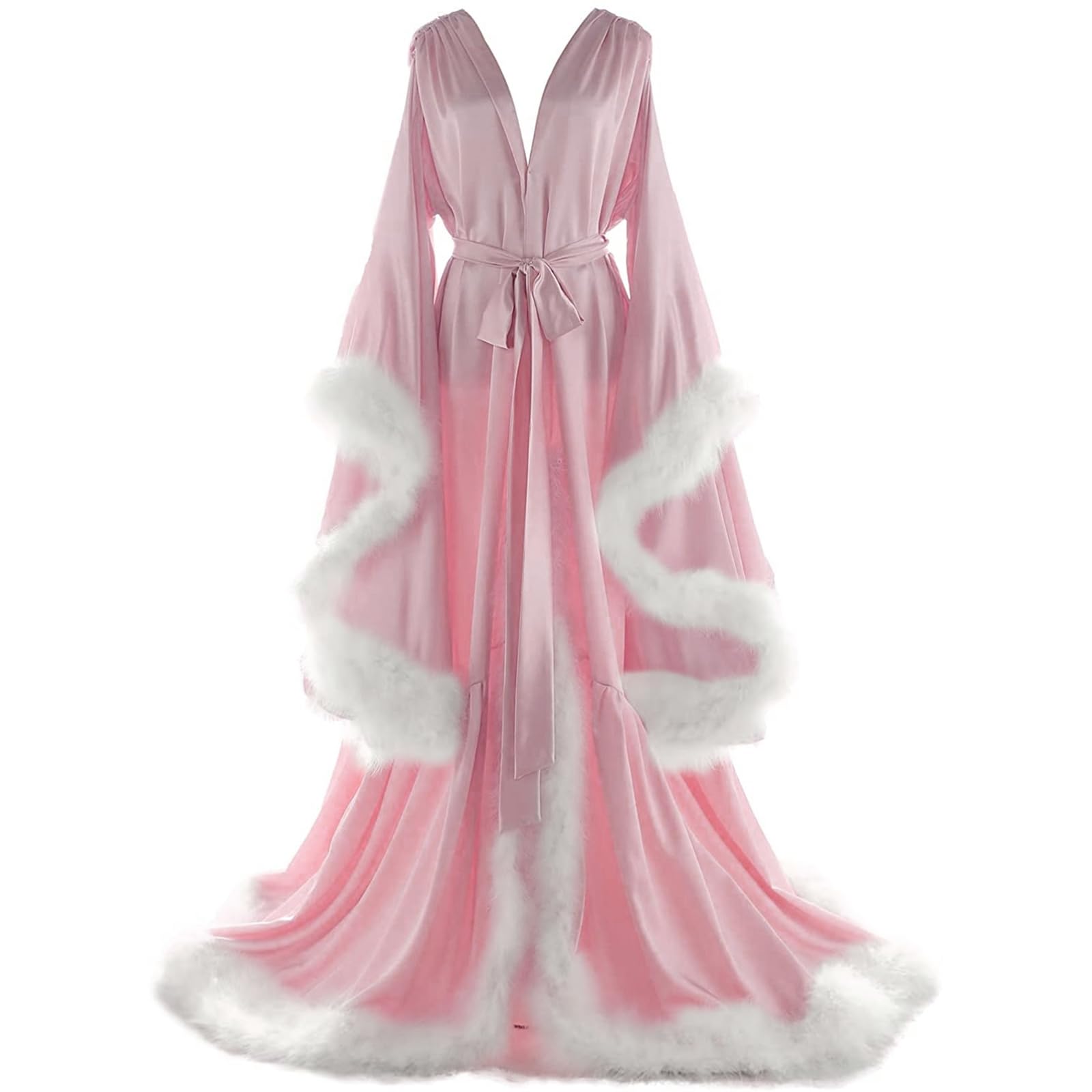 Daily Life Mall Women's Feather Bridal Robes Old Hollywood Maternity Photoshoot Nightgown Silk Bathrobe Long Lingerie: 4X-Large Blush Pink+white