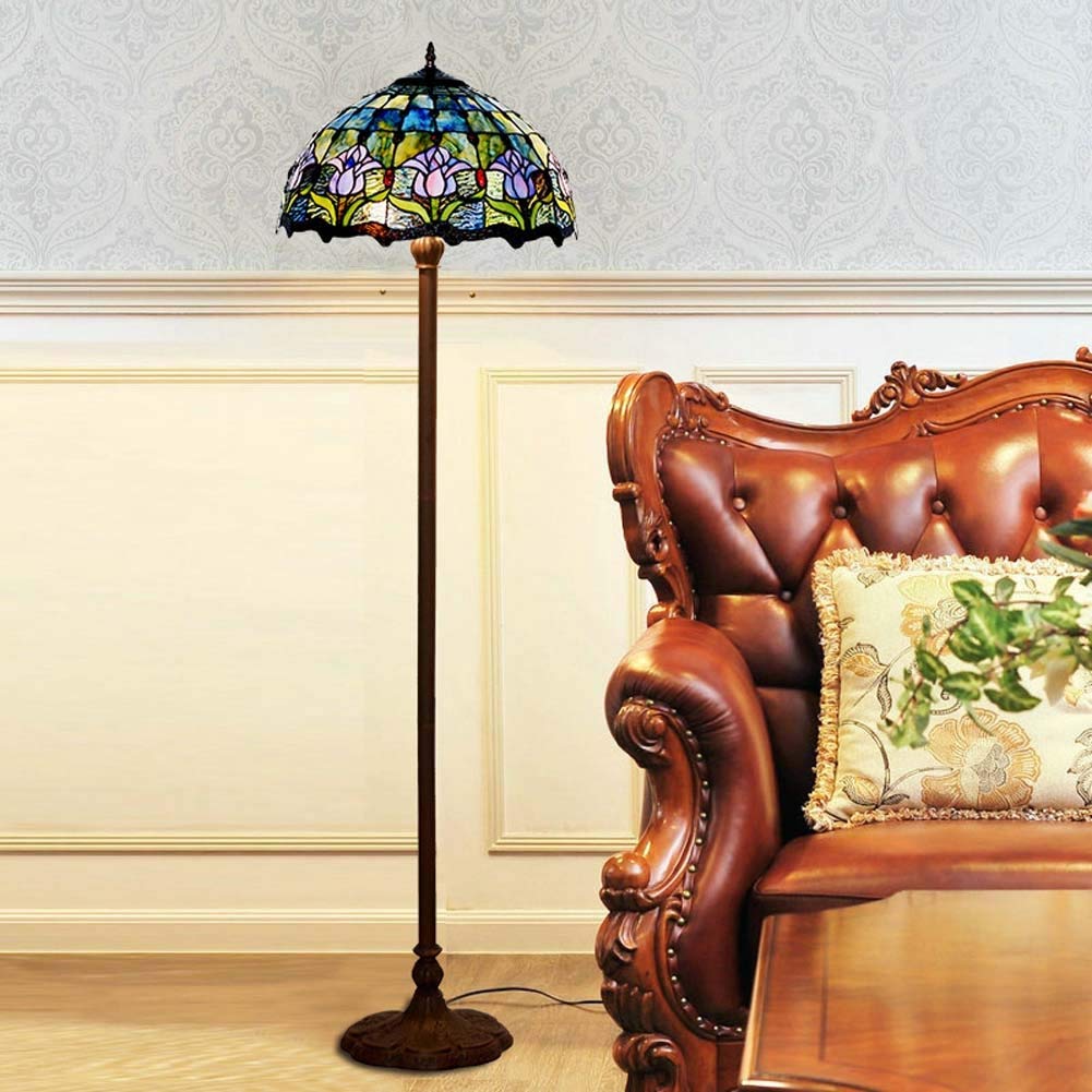 IUokLU 16 inch Tiffany-style Floor Lamp,Stained Glass Shade Floor Lights with Pull Chain,2 Light Vintage Decoration Floor Uplighter/Bedroom/Office, E27 (C)