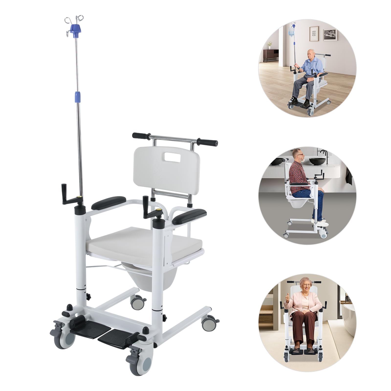 Silla elevadora de pacientes con altura regulable manualmente, asiento dividido de 180°, silla de ruedas multifunción con frenos, hasta 120 kg, para personas mayores, discapacitados, cuidado en casa