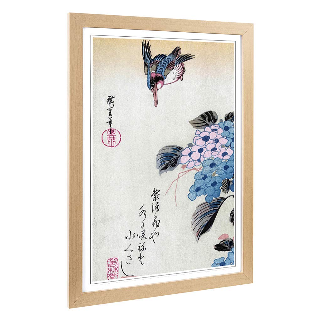 Big Box Art Framed Print of Hiroshige Japanese Oriental Hydrangea and Kingfisher Design | Wall Art Picture| Home Decor for Kitchen, Living Room, Bedroom, Office, Oak, A2 / 24.5x18 Inch / 62x45cm