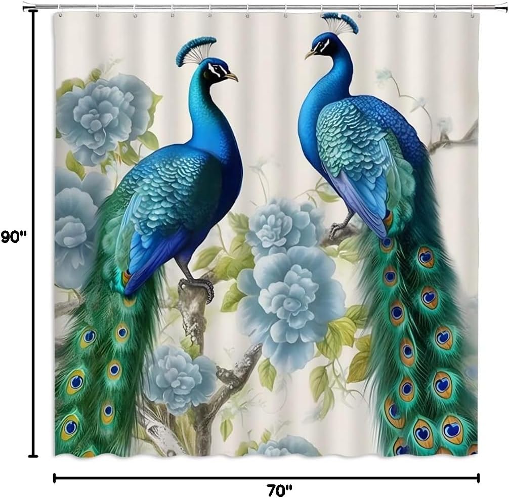 Peacock Shower Curtain Teal Green Colorful Feather Blue Flower Plant Scenery Bathroom Decor Curtains Set with Hooks, 70" x 90"