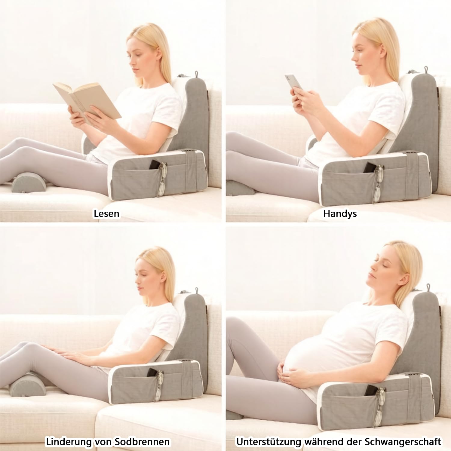 Cuscino da lettura con cuscino cervicale rimovibile e bracciolo, cuscino ergonomico extra alto con braccioli e tasche integrati, supporto per la schiena in schiuma frantumata per erigere a letto