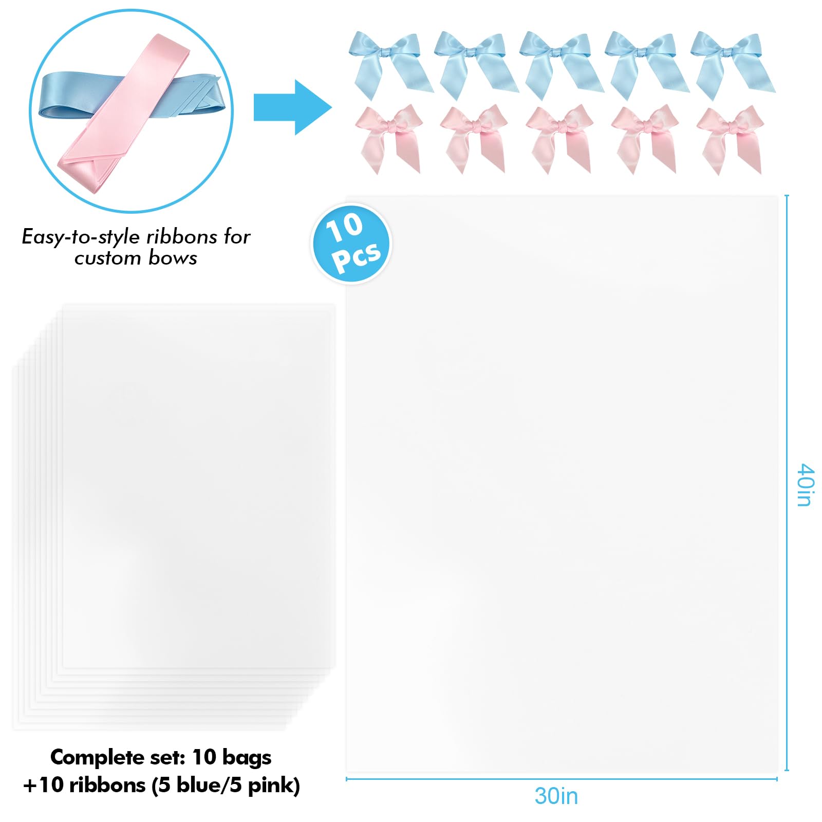 EKAPACKAGING Sacchetti trasparenti in cellophane, 76 x 101 cm, 10 pezzi, con nastri, sacchetti regalo per Pasqua, festa della mamma, bomboniere, snack, imballaggi alimentari, baby shower, confezioni