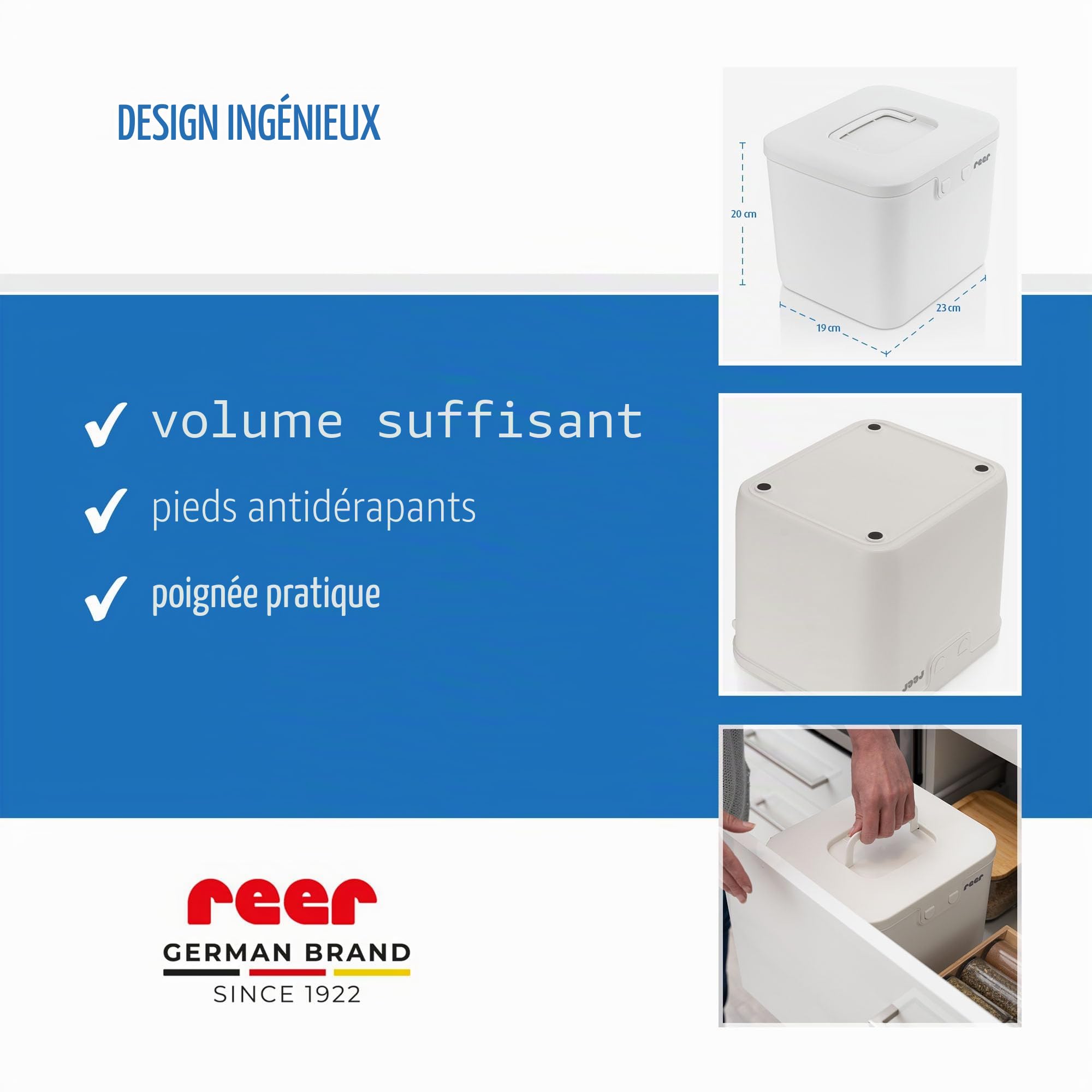 reer SafeContainer Boîte de rangement | Protection contre les petites pièces dangereuses | Fermeture sécurisée pour les enfants | Antidérapante | Fermeture sûre des tablettes de lessive, des piles,