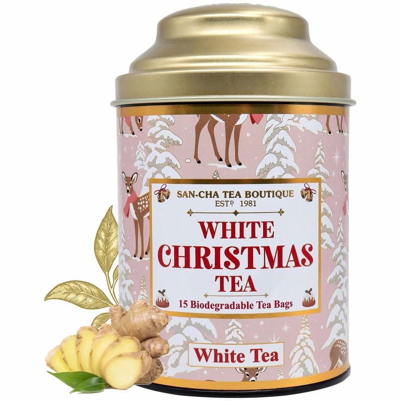 Image of Sancha Tea Boutique, Christmas White Tea, 15 Pyramid Bags | Festive Blend of White Silver Needles with Ginger, Nutmeg, Cinnamon & Clove | Holiday Limited Edition Gift