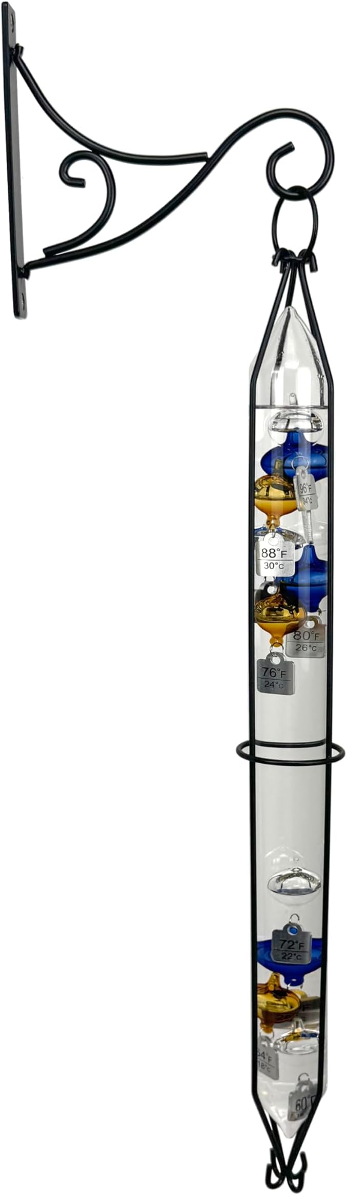Glassic Gifts® Outdoor Hanging Galileo Thermometer (23" Total Height) W/Free Bracket - 2025 Product Update - 100% Metal Frame - NO Fade Guarantee (60?F/16?C- 96?F/34?C Dual Temperature Range)