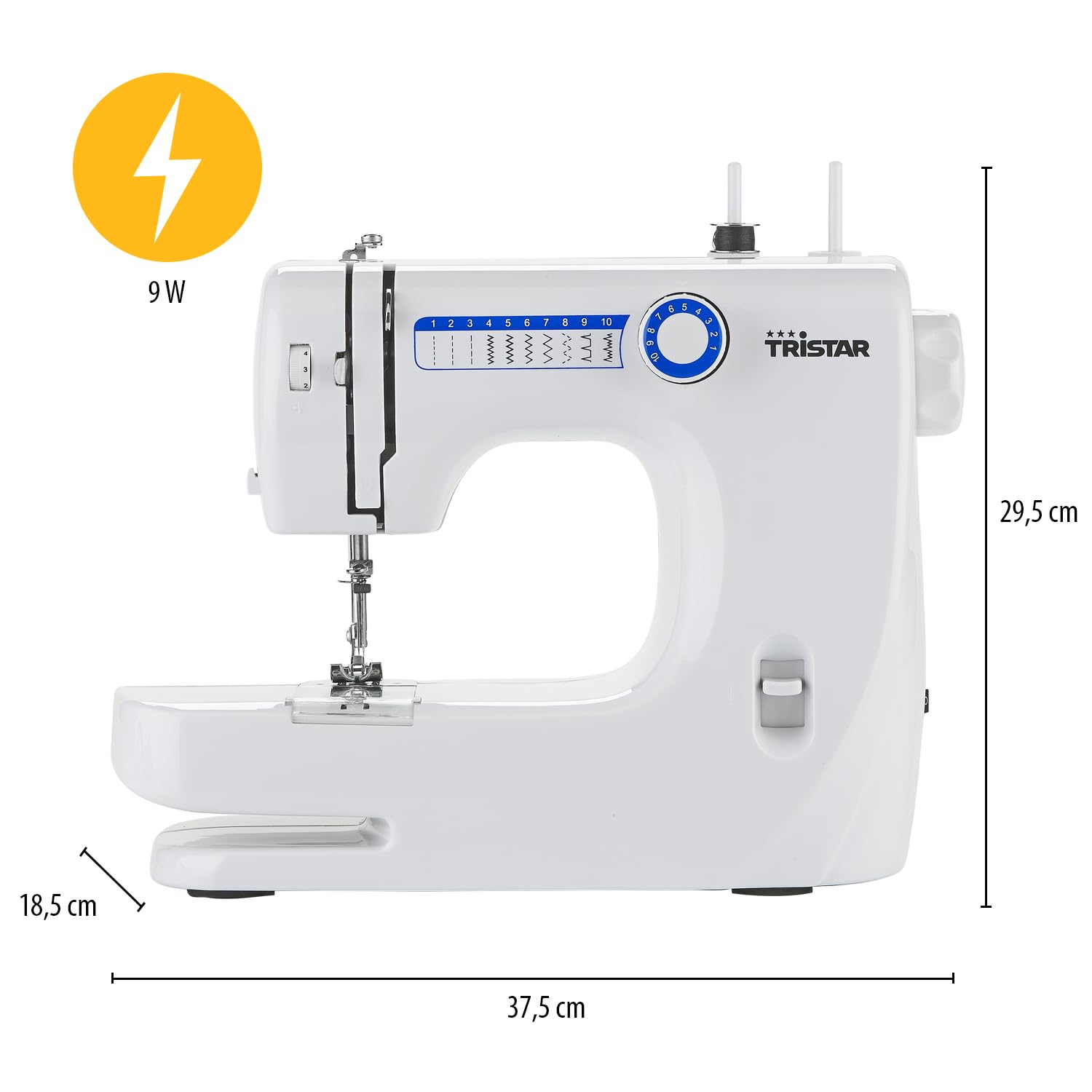 Tristar Máquina de Coser, Modelo para Principiantes, 10 Puntadas, Brazo Libre, Aguja Doble, Enhebrado Fácil, Diseño Ligero, No apta para telas gruesas, Ideal desde 12 años, SM-6000
