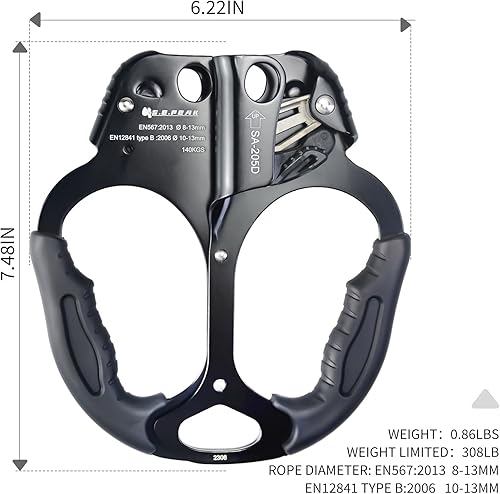 Miniatura 6 de Hand Ascender - Equipo de equipo de rapel fuerte certificado CE con mango de goma ergonómico para arbolistas de árboles trepadores, escalar, rescate