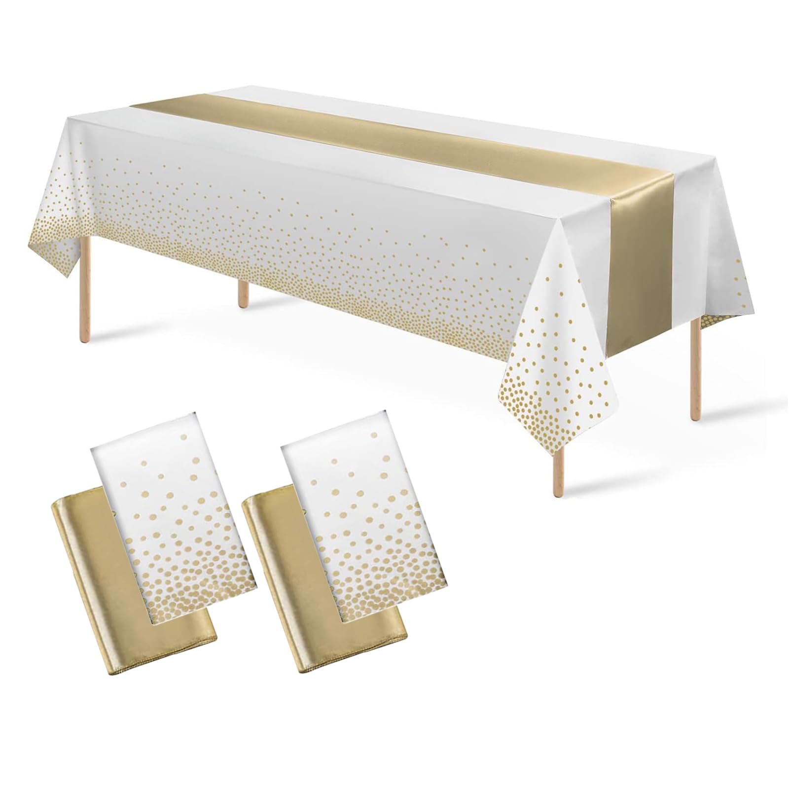 CAZSYSDD 4Pack Disposable Plastic Tablecloths 137 * 274 cm and Satin Table Runner, Party Table Cloths, Gold Dot Confetti Table Cover for Birthday, Engagement, Wedding (White Gold+Gold Table Runner)