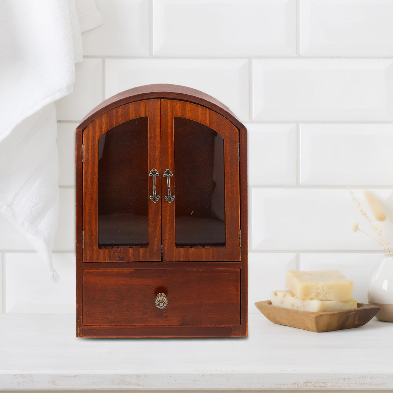 Cabilock Organizador de Escritorio de Madera con Puerta de Cristal y Cajón Armario Pequeño para Almacenaje de Cosméticos y Artículos Varios Estante Compacto para Hogar y Oficina Diseño