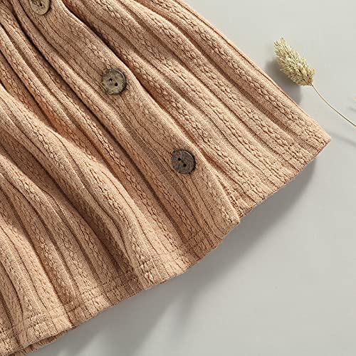 Visgogo Kids Baby Girl Dresses Solid Color Ruffles Button Knitting Square Collar Outfits Clothes (Khaki, 18-24 Months) #TOP4