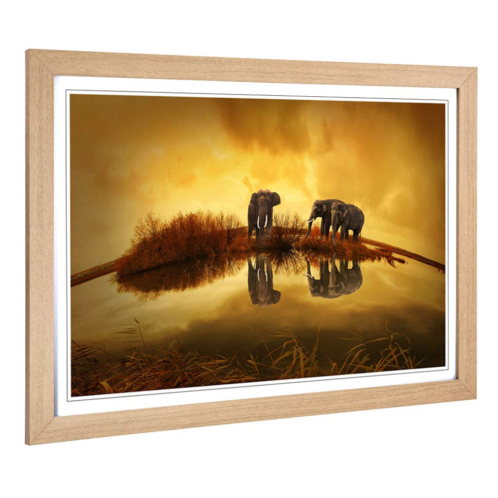 Big Box Art Framed Print of Elephants Sunset Design | Wall Art Picture | Home Decor for Kitchen, Living, Dining Room, Lounge, Bedroom, Hallway, Office, Oak, A2 / 24.5x18 Inch / 62x45cm