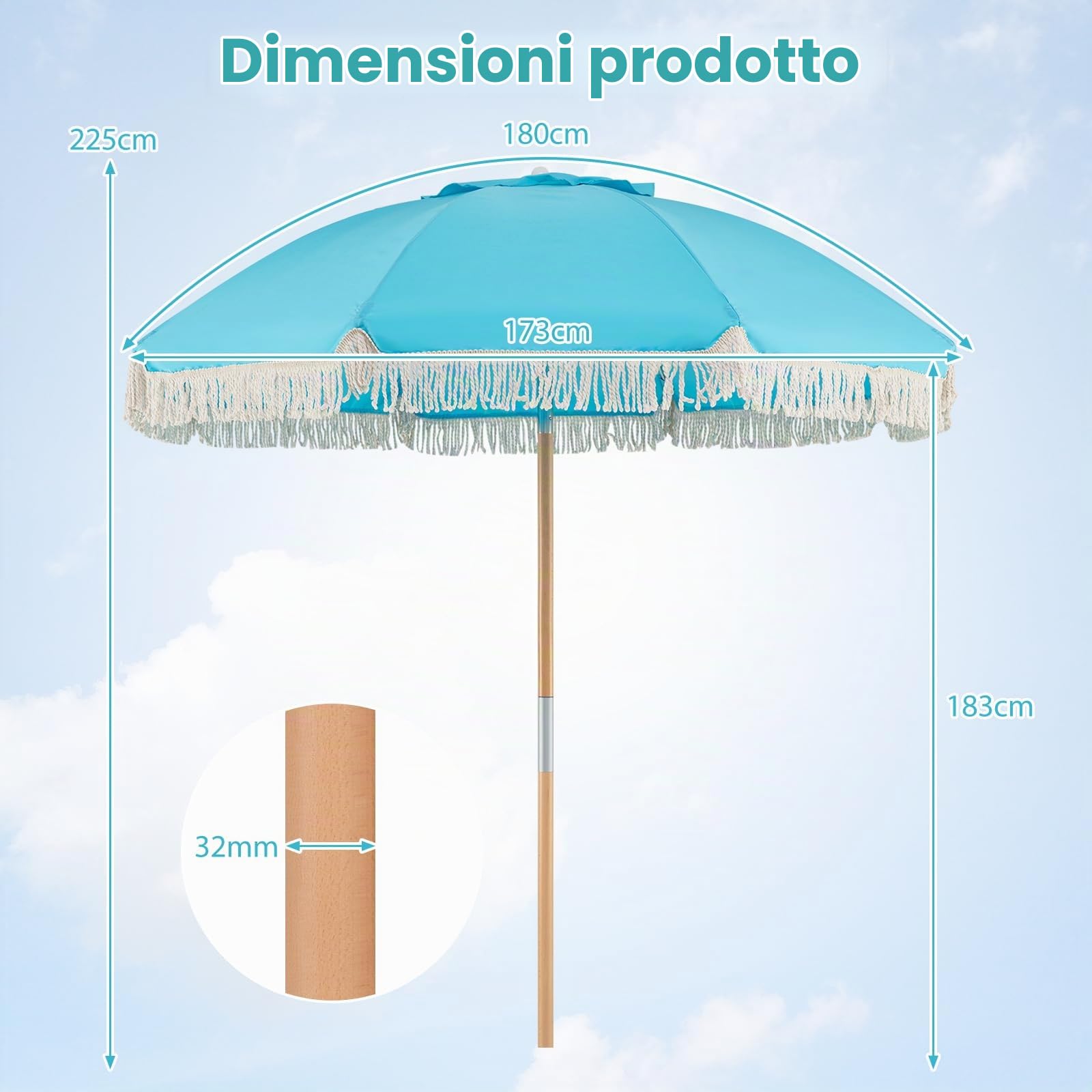 FANTASK Ombrellone 170 cm, ombrellone da spiaggia boho con frange, pieghevole su entrambi i lati di 30°, in legno, terrazzo, per giardino, balcone, terrazza (blu)