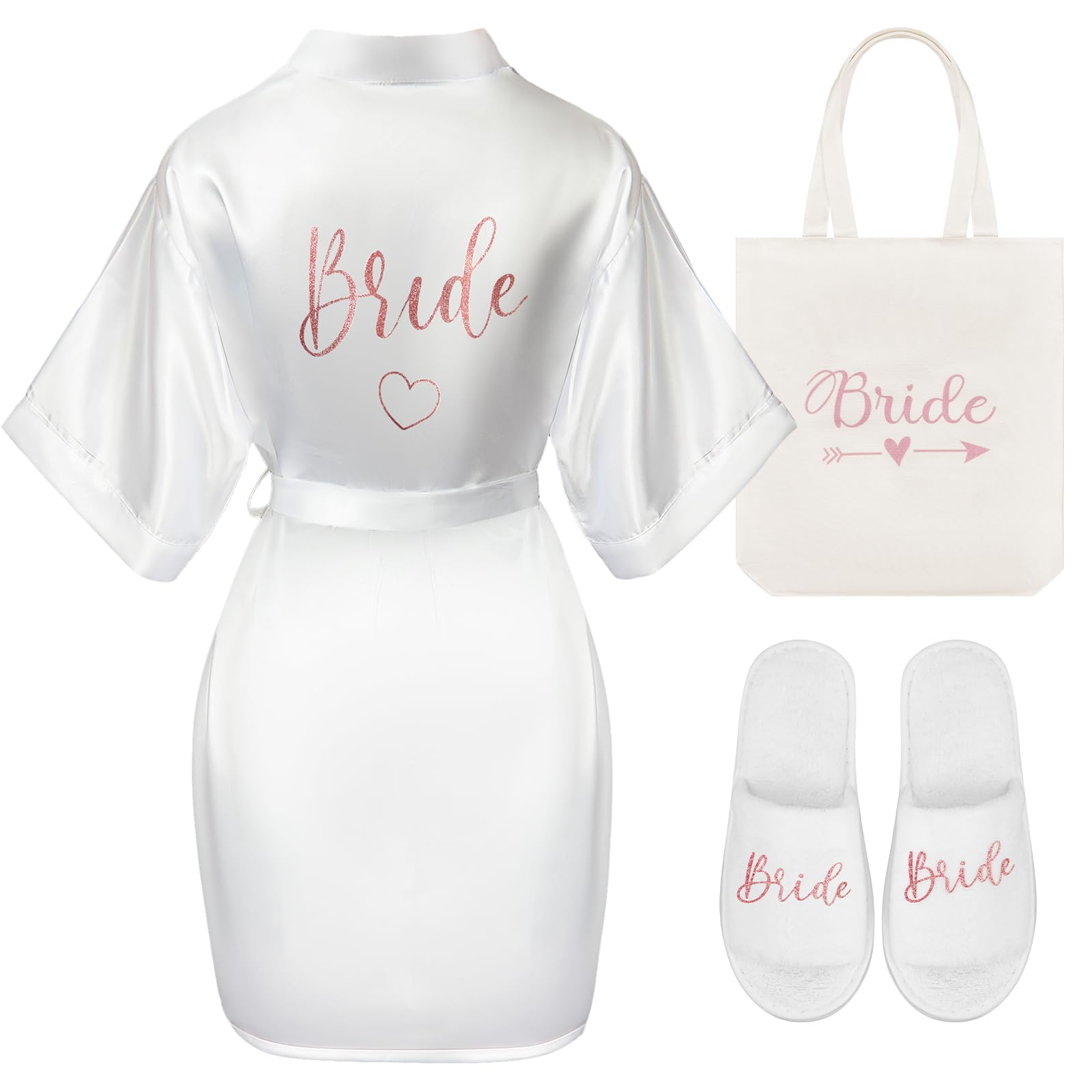 Hestya Set 3 Regali di Nozze con Bride Oro Rosa Regali per Festa Nuziale Vestaglia da Sposa in Raso Bianco Borsa da Sposa Pantofole per Matrimonio Fidanzarsi