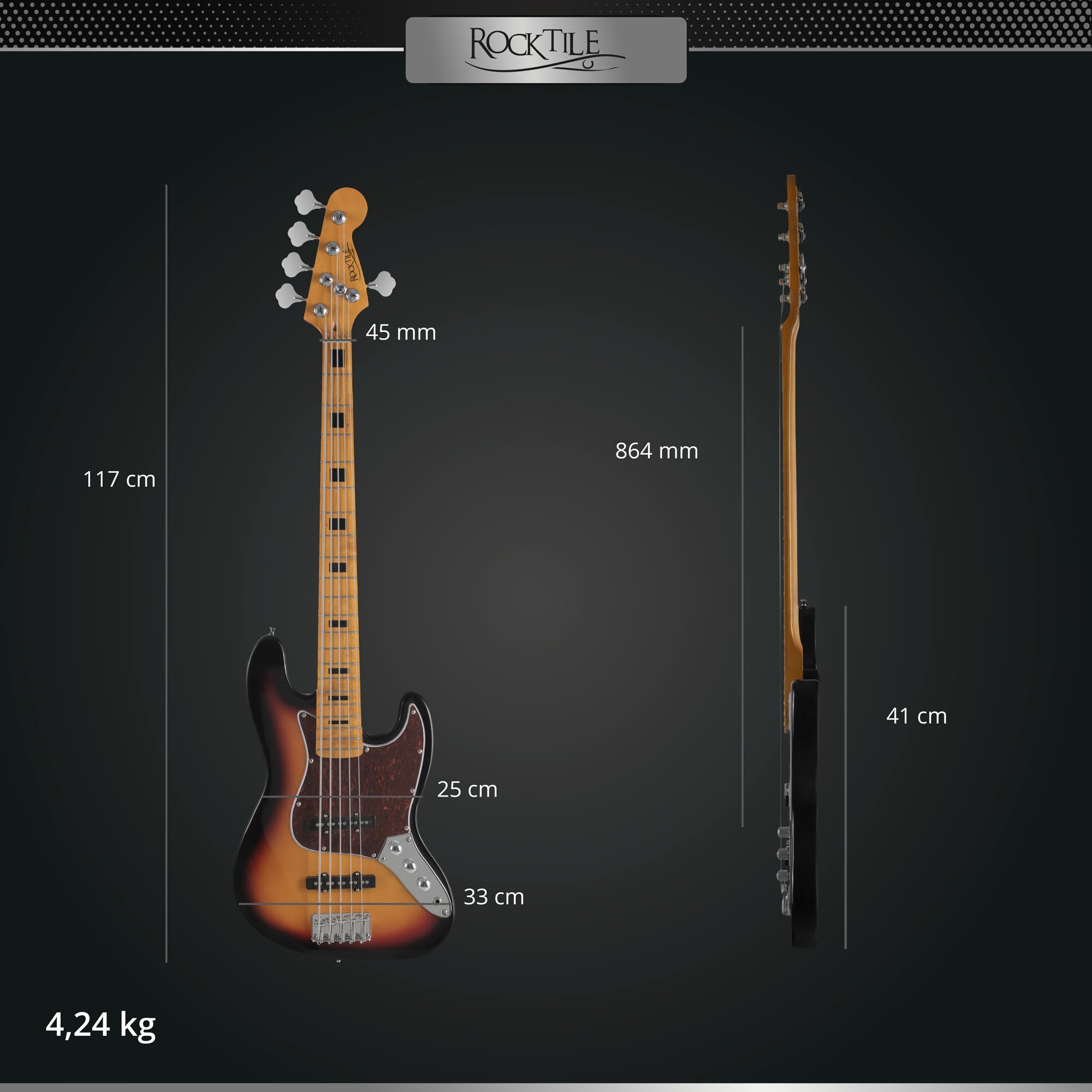 Rocktile Pro JBS50-SB Basso Elettrico - Basso 5 corde stile JB con corpo in tiglio - manico in acero e tastiera in acero - 2x Single Coil pickup - 2x Volume, 1x Tone - Mensura 34" - Sunburst