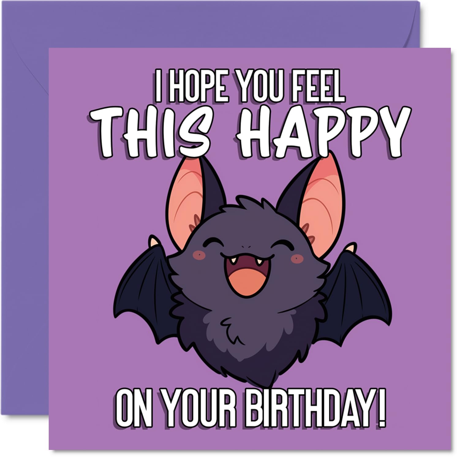 Cute Birthday Card - Bursting with Birthday Cheer - Cartoon Bat on Vibrant Purple - Sure to Lift Anyone's Spirits - 145mm Square, Envelope Included