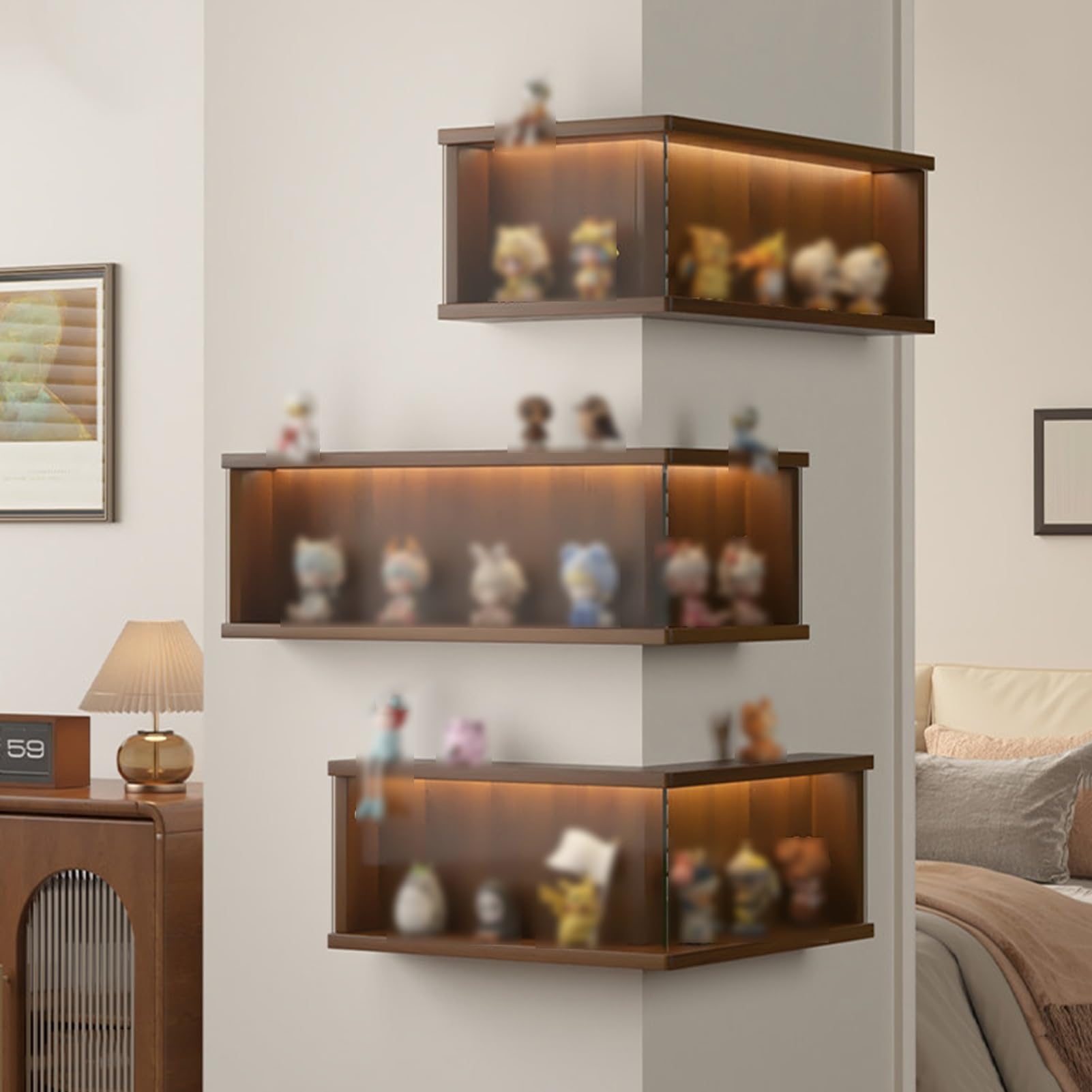 Vetrina Espositiva, Mensole Sospese In Acrilico Trasparente, Mensola Angolare In Legno Da Parete Per Soggiorno, Studio, Camera Da Letto, Salvaspazio(Marrone,Combination)
