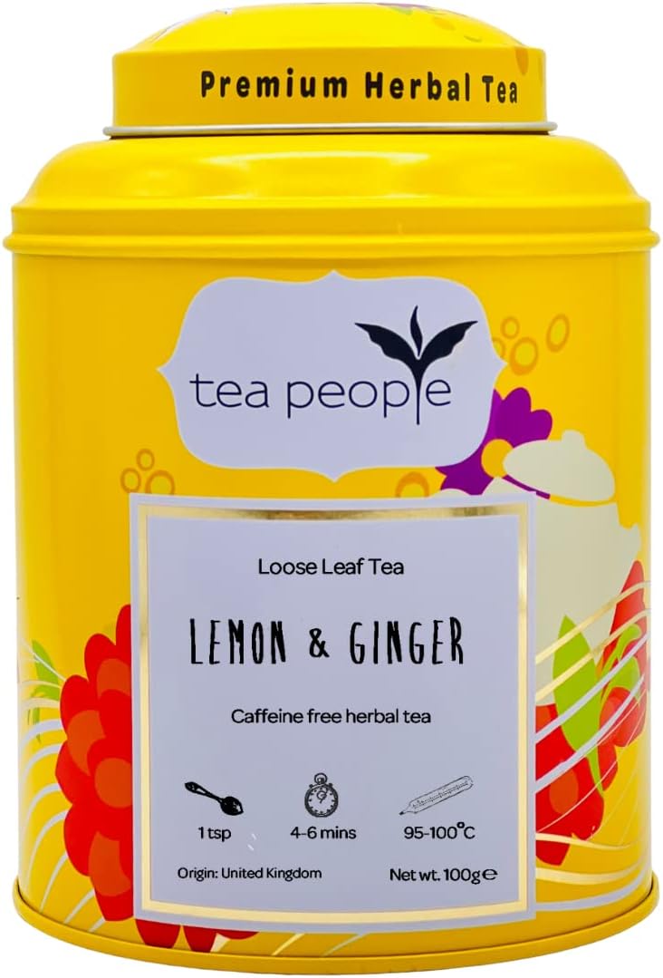 Tea People Lemon and Ginger - 100g caffeine free loose leaf herbal tea in a tin caddy