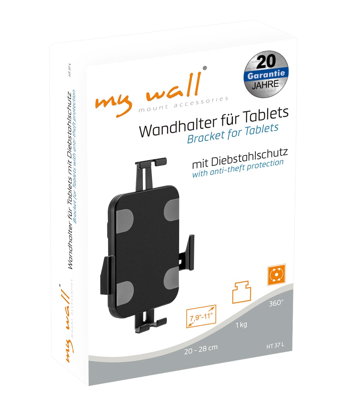 my wall HT37L uchwyt ścienny na tablety z ochroną przed kradzieżą, uchwyt ścienny na tablet, stojak na iPada, tablet, punkt informacyjny do stoiska targowego, poczekalni lub muzeów, obciążenie do 1 kg