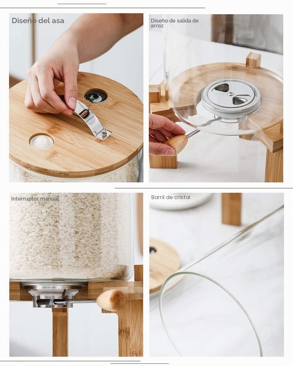 Recipientes de Cristal para Alimentos, Dispensador Cereales, Tarros de Cristal con Tapa, 5L, Recipientes para Cereales, Arroz e Copos de Maíz, Soporte de Madera
