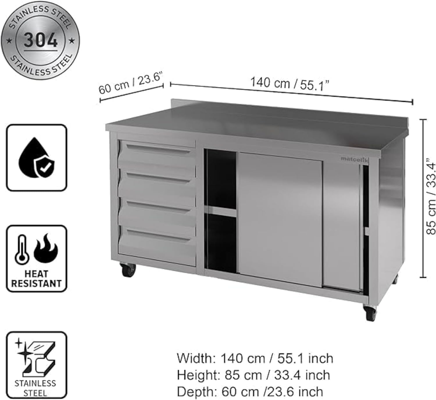 Stainless Steel Prep Table with Drawers, Sliding Doors and Wheels - Commercial Kitchen Work Table Backsplash and Under Shelf - Heavy Duty Commercial Work Station for Restaurant (55x23x33 Inches - SET)