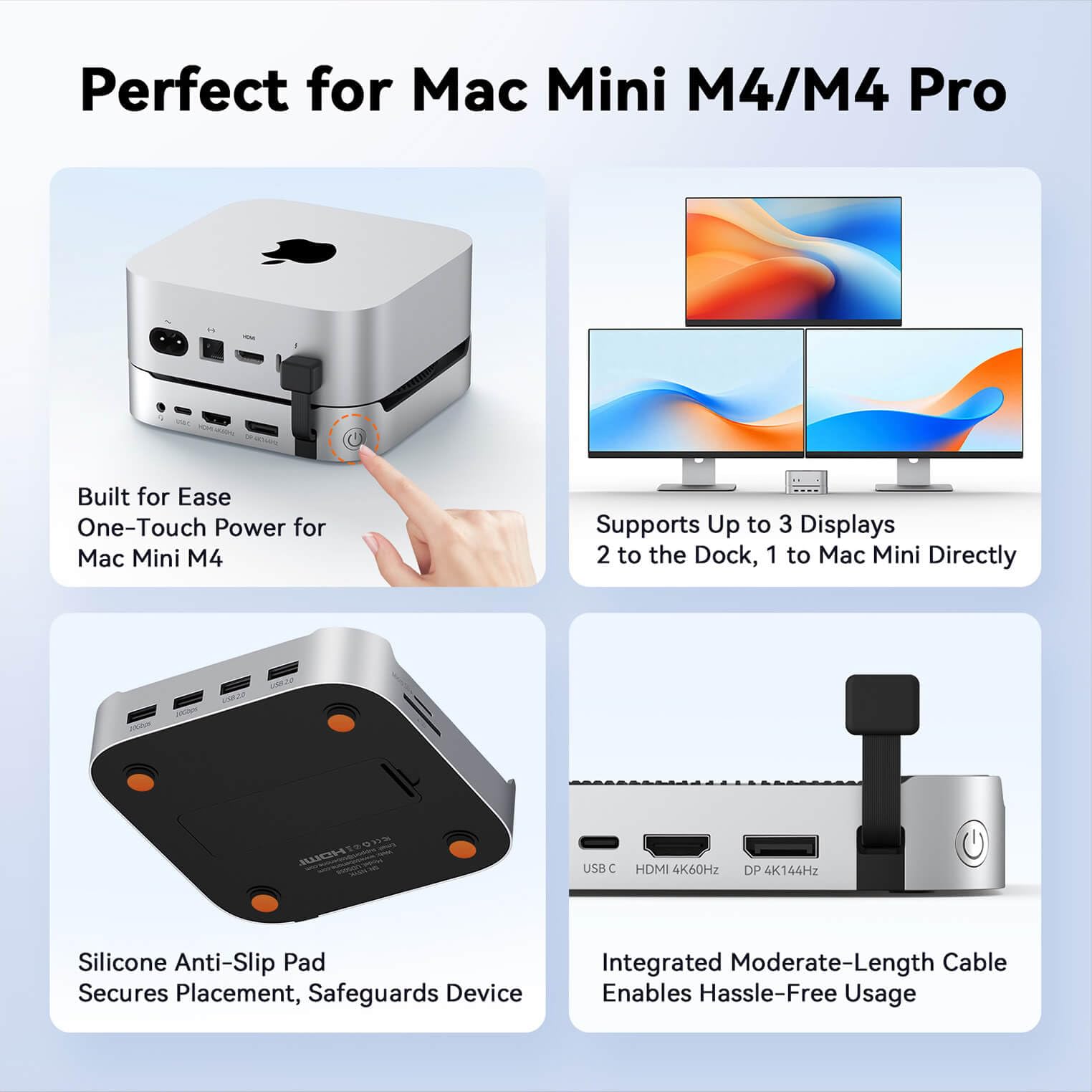 TobenONE 13-in-1 Mac mini M4 Dock with 8TB SSD Enclosure, Mac mini M4 Hub Stand for Mac mini M4/M4 Pro 2024, 4K@144Hz DP, 4K@60Hz HDMI, 5 USB (Max 10Gbps), SD/Micro SD, Audio, One-Touch Power Button — view 4