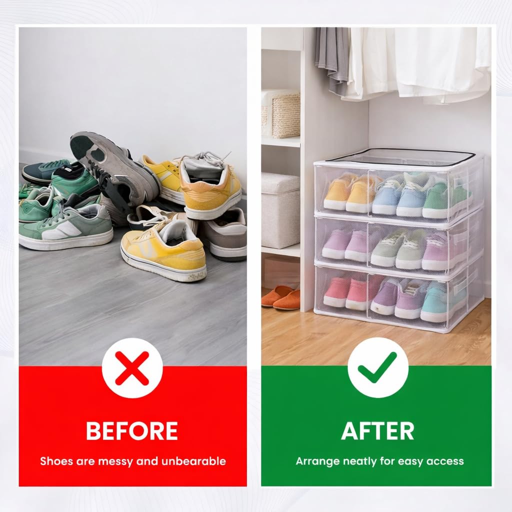 MOZU BAZAAR Shoe Storage Box, Shoe Organizer for Closet, Clear Plastic Stackable Shoe Boxes, Space Saving Foldable Sneaker Shoe Rack Containers Bin Holder 1, (60 x 30 x 15 Cm) Pack Of 1 4