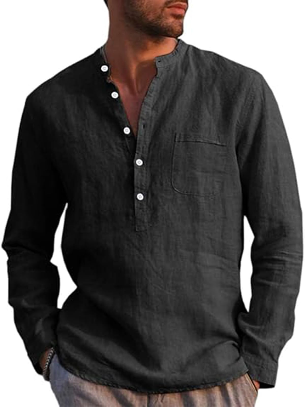 Runcati Herren Leinenhemd Langarm Baumwolle Leinen Shirt Männer Freizeithemd Regular Fit Strand Sommerhemd Schwarz XL