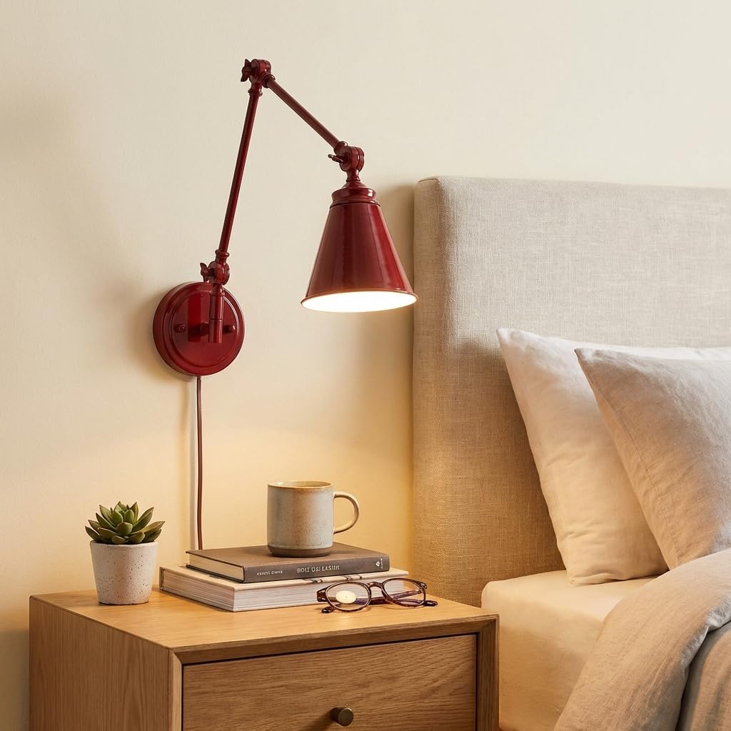 BARCELONA LED Applique da Parete Rosso con Braccio Regolabile, Alluminio di Alta Qualità, Stile Classico e Moderno, Illuminazione Lusso Retrò e Industriale per Camera, Soggiorno o Ufficio