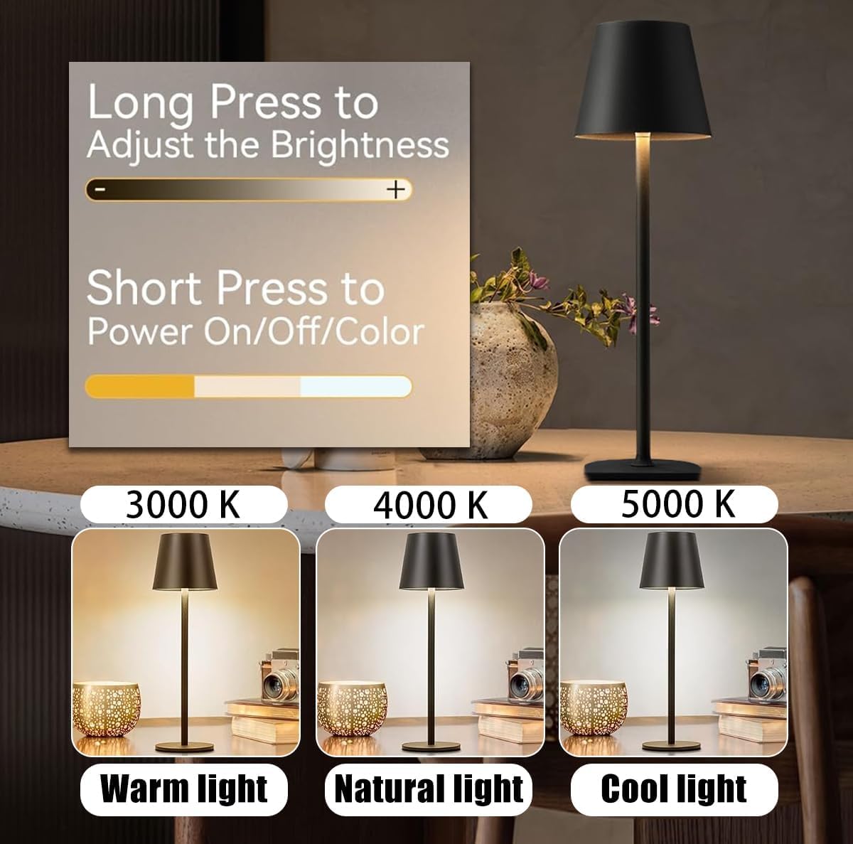 2 Pièces Lampe de Table Sans Fil Rechargeable Led, Tout Métal Lampe Sans Fil Rechargeable 5000mAh, 3 Températures de Couleur, Contrôle Tactile pour Chevet, Interieur, Exterieur
