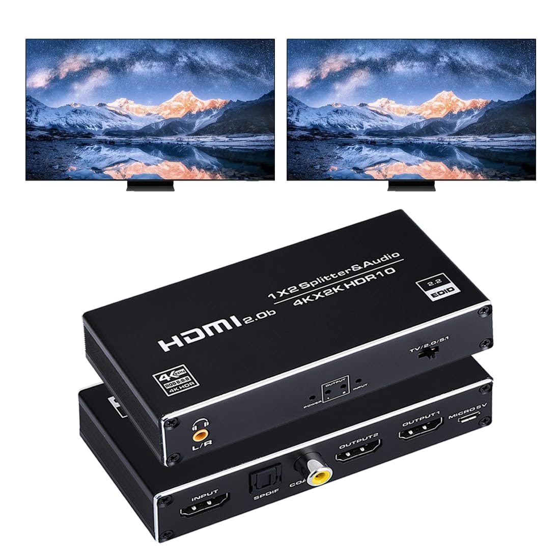 Splitter HDMI 4K a 60Hz con estrattore audio 1 in 2 out, splitter HDMI 1x2 con jack audio da 3,5 mm + coassiale + ottico Toslink SPDIF per doppio monitor duplicato/mirror solo, compatibile con PS3/4/5