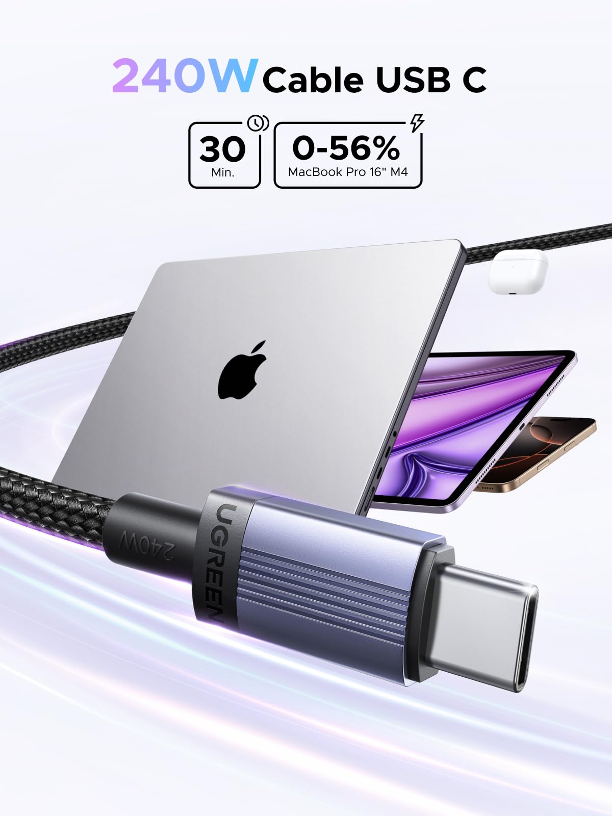 UGREEN 2Pack 2M Cable USB C 240W Carga Rápida PD 3.1, Type C Trenzado Nylon Carcasa de Aluminio, Compatible con MacBook Air, iPhone 17 Pro Max Air/iPhone 16, Galaxy S26/S25, Pixel 10/9.