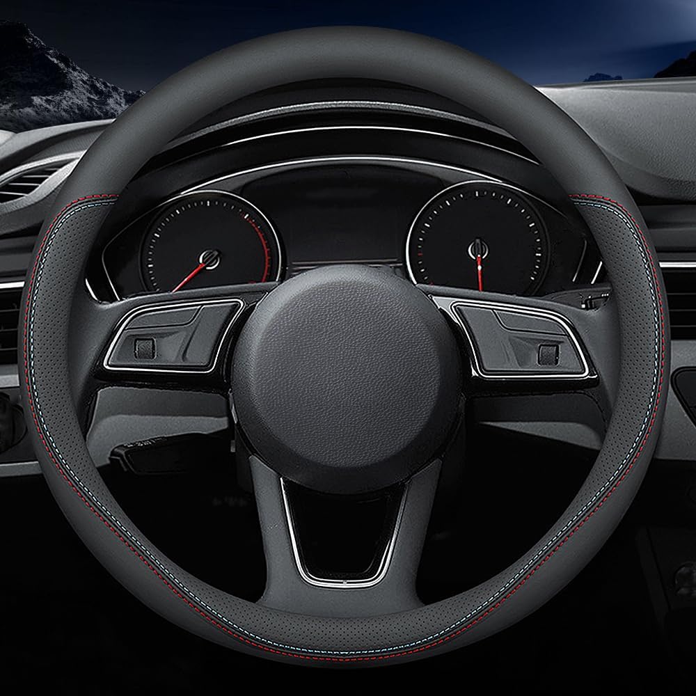Carodi Latest Nappa Leather car Steering Wheel Cover, Stylish Non-Slip Leather car Interior 15 inches Universal（Black）