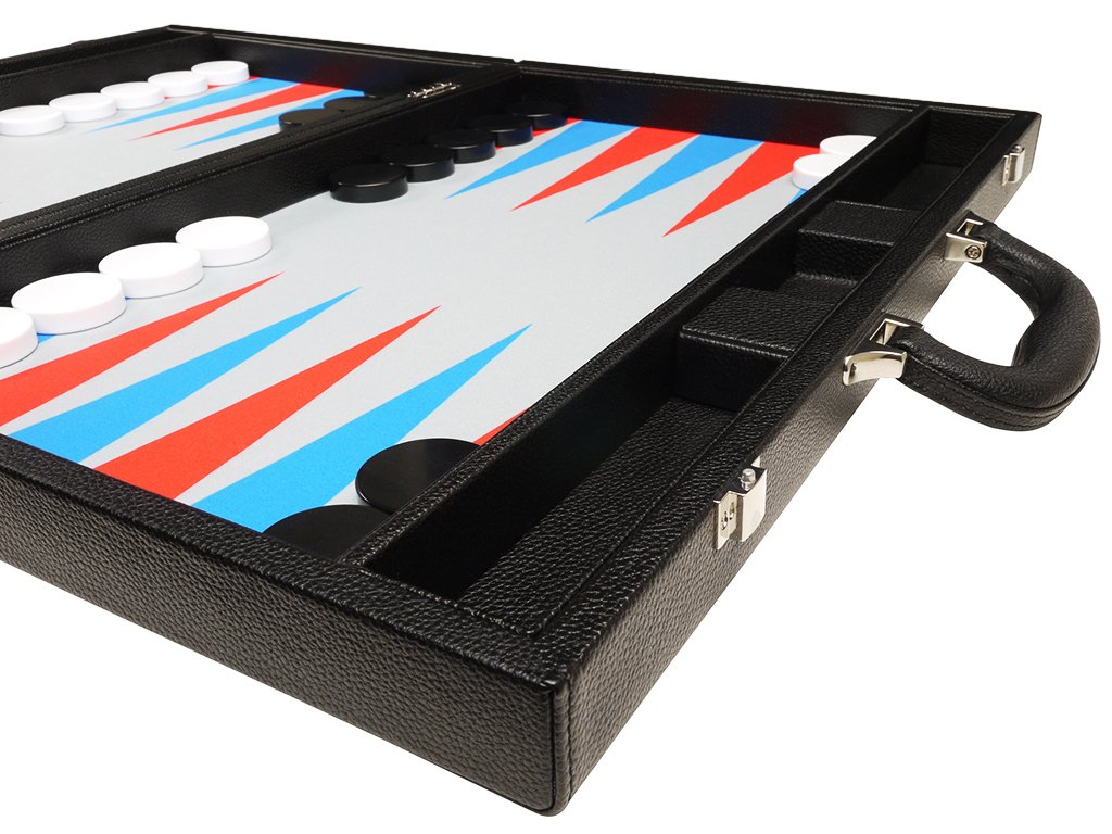 Silverman & Co. Zestaw 48 cm Premium Backgammon - duży rozmiar - czarna tablica, szkarłatna czerwień i niebieskie punkty patriotu